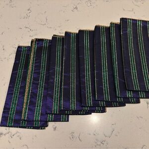 Striped Navy and Green Satin Napkins - Set
